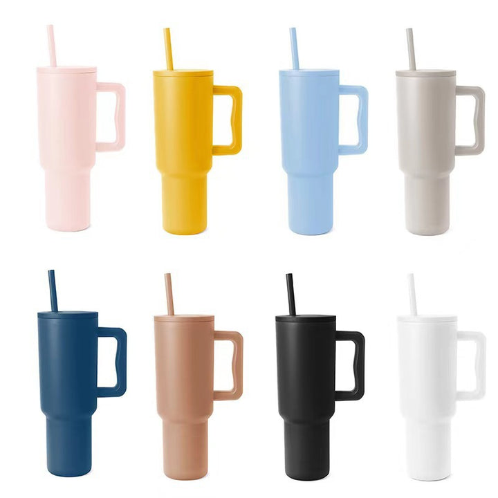 Women thermos cup with ergonomic handle and integrated straw Bowlift