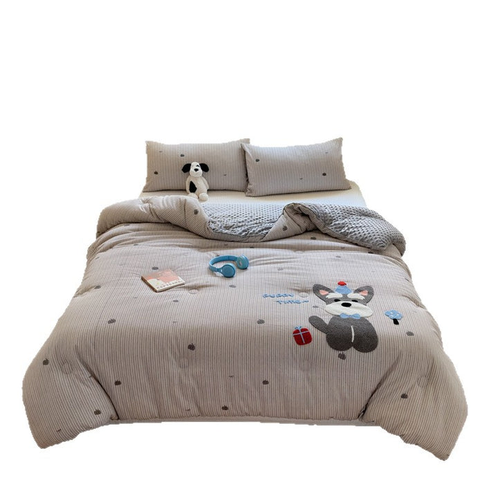 Plush Reversible Duvet Cover Set with Embroidered Rabbit Applique
