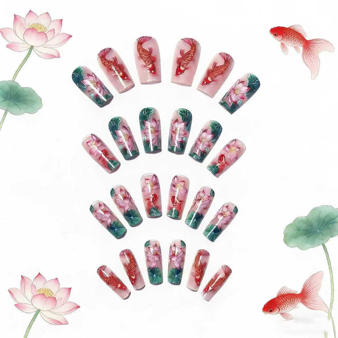 Artificial nails with floral lotus elements and koi pattern Bowlift