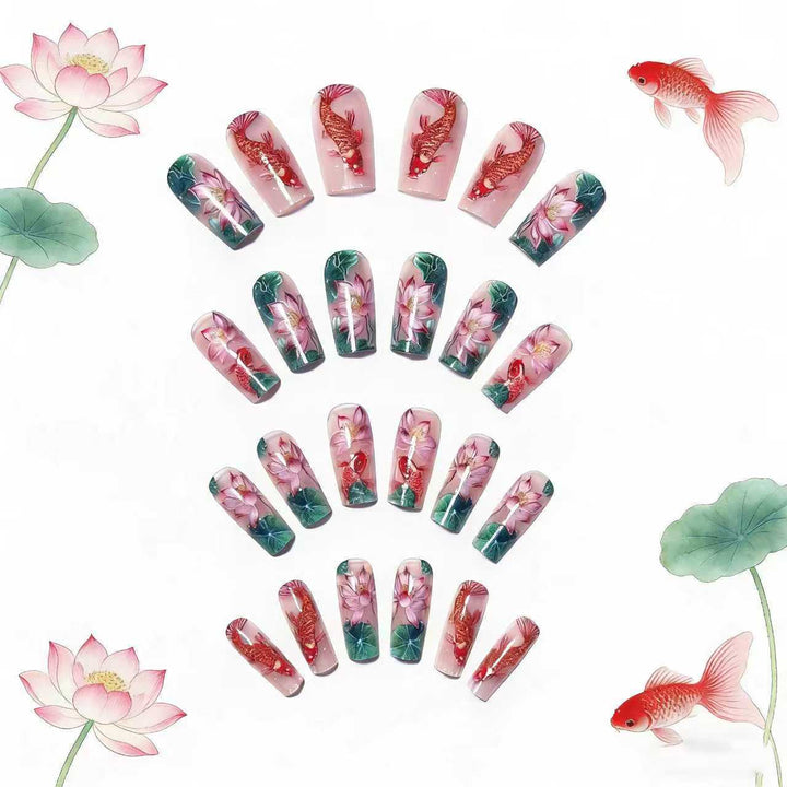 Artificial nails with floral lotus elements and koi pattern Bowlift