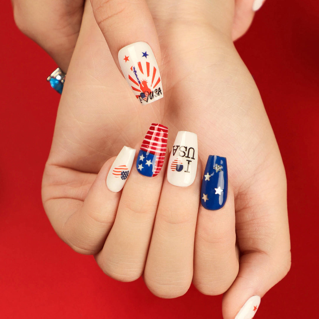 Women's nan long glossy patriotic press-on acrylic nails set with star and flag decals Bowlift