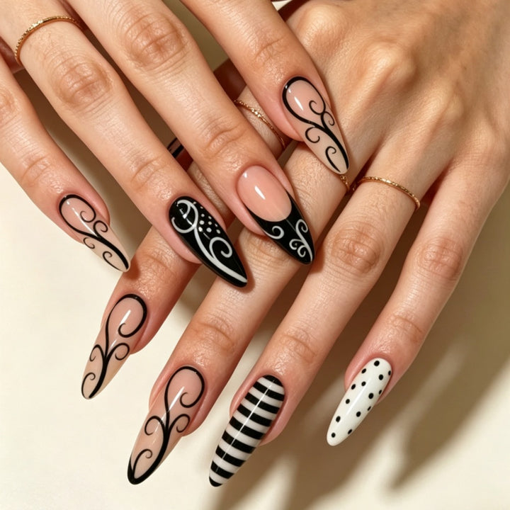 Artistic Stiletto Press-On Nails with Intricate Patterns Bowlift