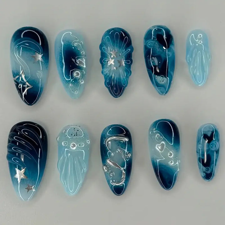 Artistic Ocean-Themed Press-On Nail Art Bowlift