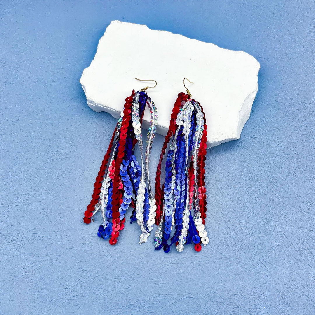 Women's nan long patriotic mesh tassel dangle earrings Bowlift