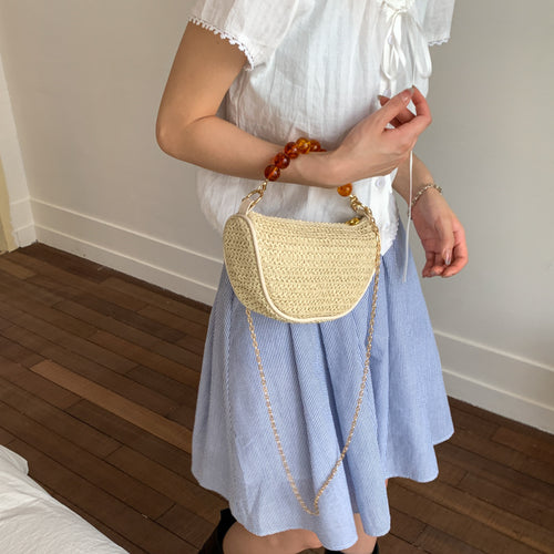 Stylish Woven Handbag with Beaded Handle Bowlift