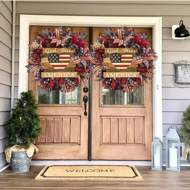 Unisex rustic patriotic door wreath with wooden sign heart motif and bow bouquet Bowlift