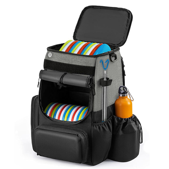 Unisex nan robust Disc Golf Backpack with padded disc compartment, side bottle holder, and multifunctional accessory pockets Bowlift