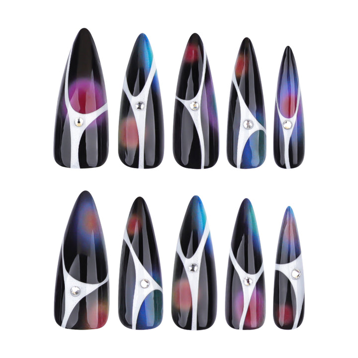 Artful stiletto nails with sparkling accents and geometric design Bowlift