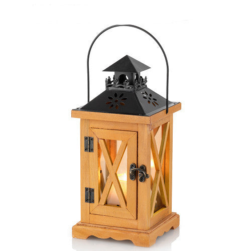 Rustic Distressed Wood Glass-Paneled Decorative Candle Lantern with Metal Top and Carry Handle Bowlift