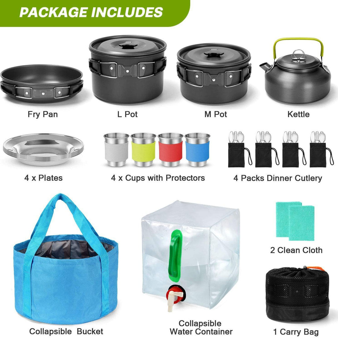 compact nesting anodized aluminum camping cookware kit with kettle nonstick pots frying pan foldable wash basin stainless steel plates cups Bowlift