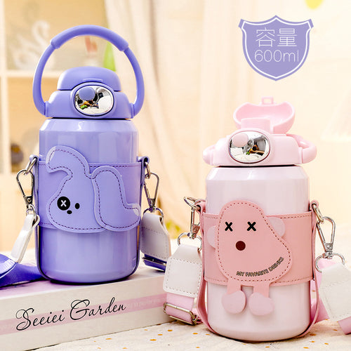 Women's insulated drinking bottle with practical carrying strap and cute Bowlift design