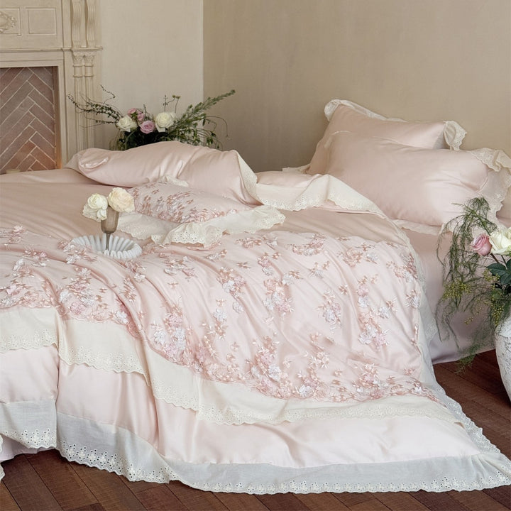 Romantic Embroidered Floral Ruffled Duvet Cover Set