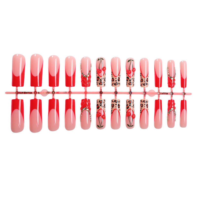 Artistic Press-On Nail Set with Cherry and Animal Prints Bowlift