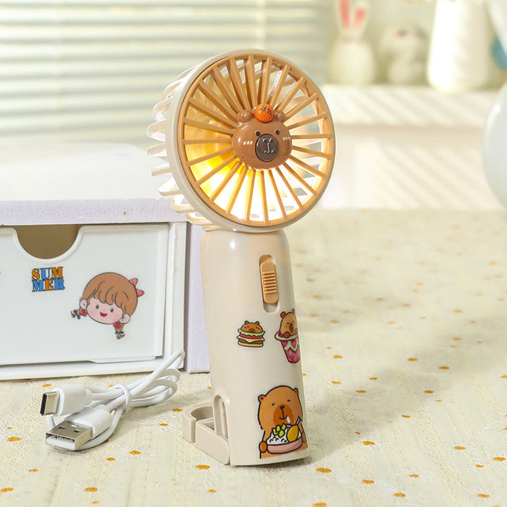 Women Portable Hand Fan with Cute Bear Design and LED Lighting Bowlift