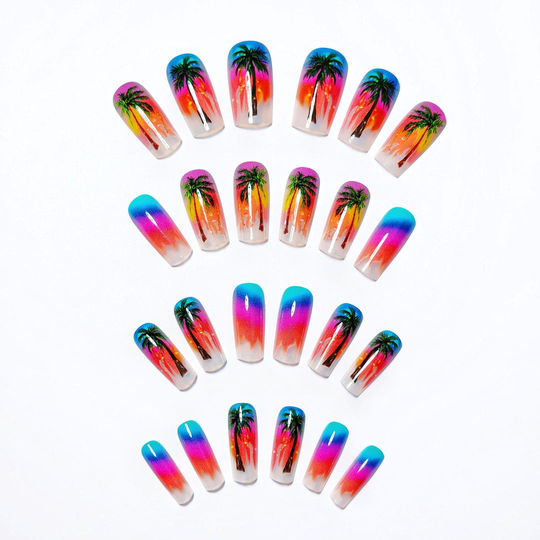 Artificial nails with tropical palm and sunset design Bowlift