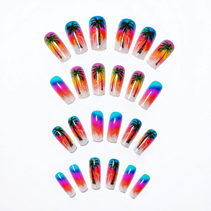 Artificial nails with tropical palm and sunset design Bowlift