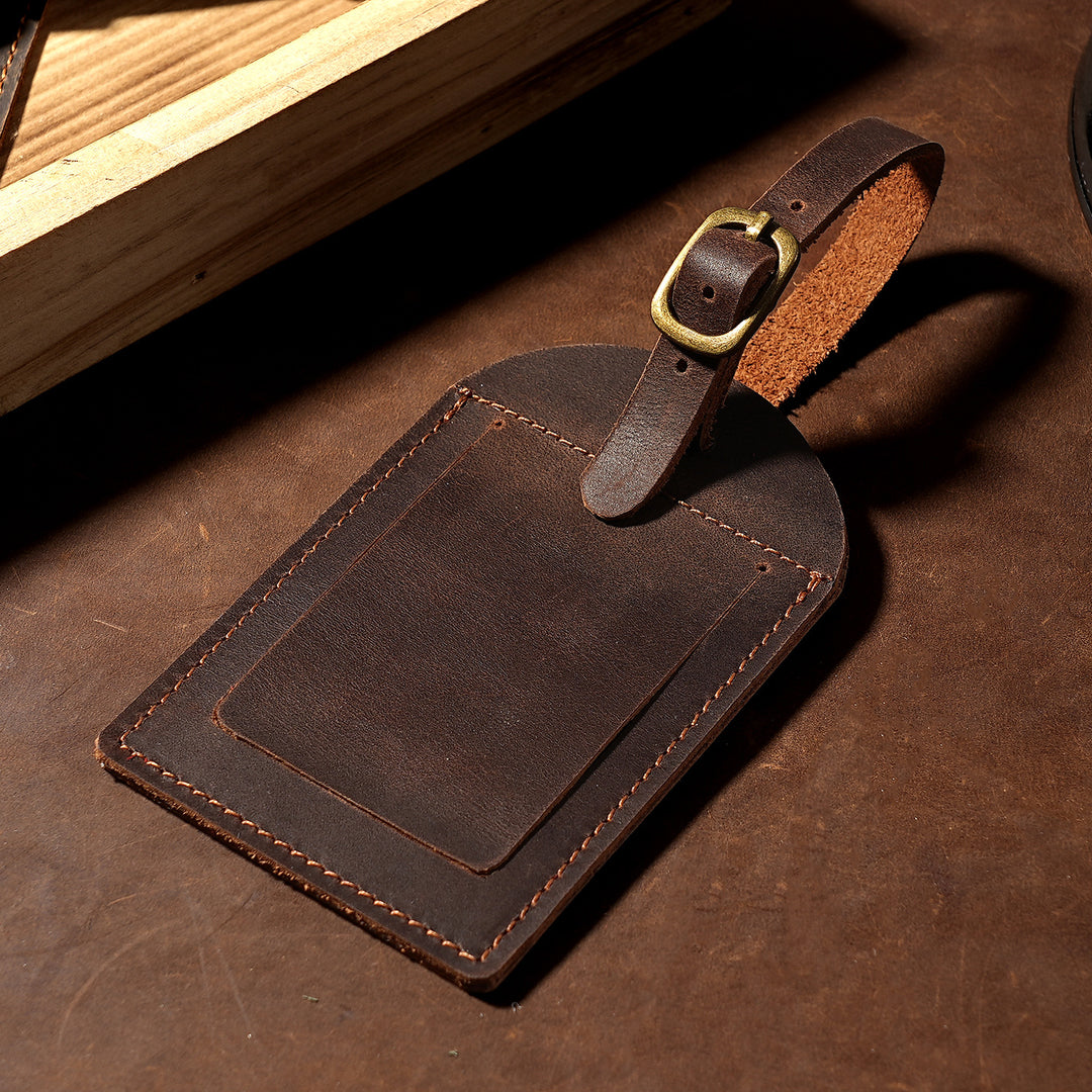 Genuine Leather Luggage Tag with Adjustable Buckle and ID Window Bowlift