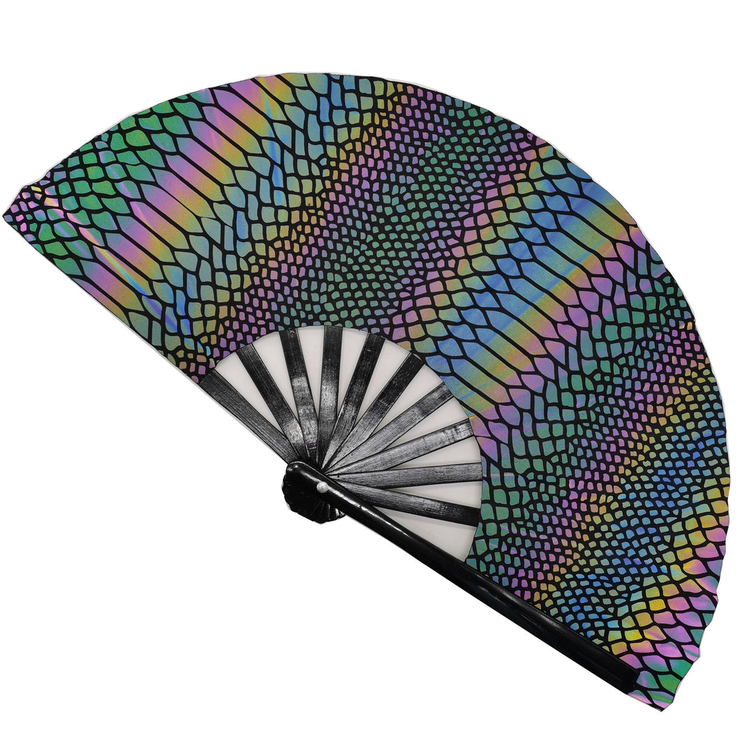 Ladies fan made of lightweight fabric with colorful geometric design Bowlift