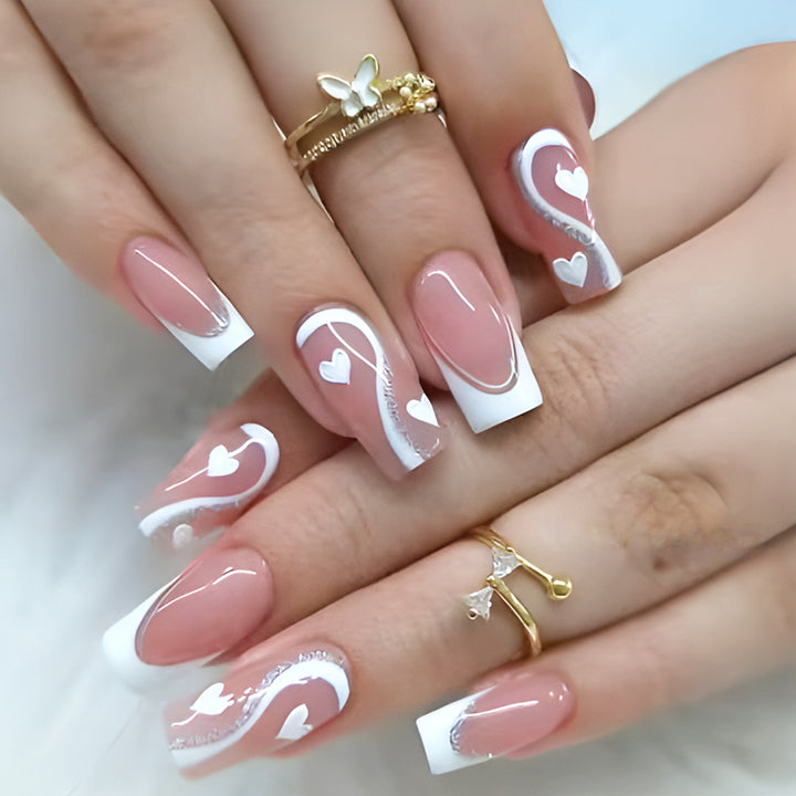 Elegant Heart-Embellished Gel Press-On Nails Bowlift