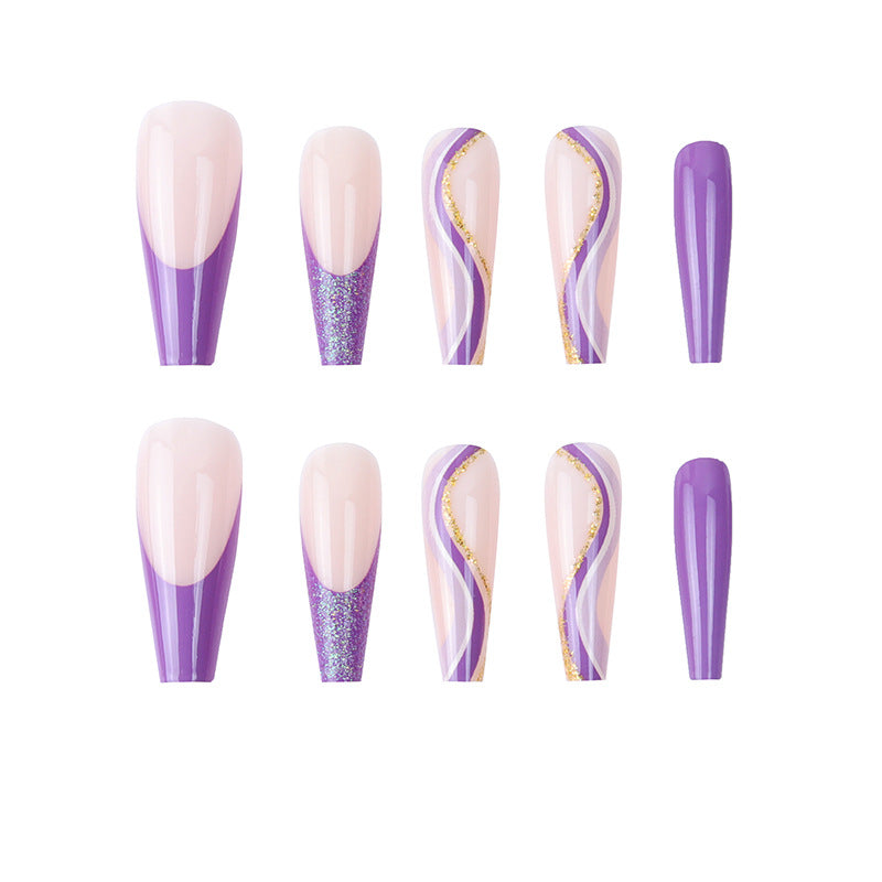 Glamorous French Tip Stiletto Press-On Nails Decorated with Glitter and Gold Accents Bowlift