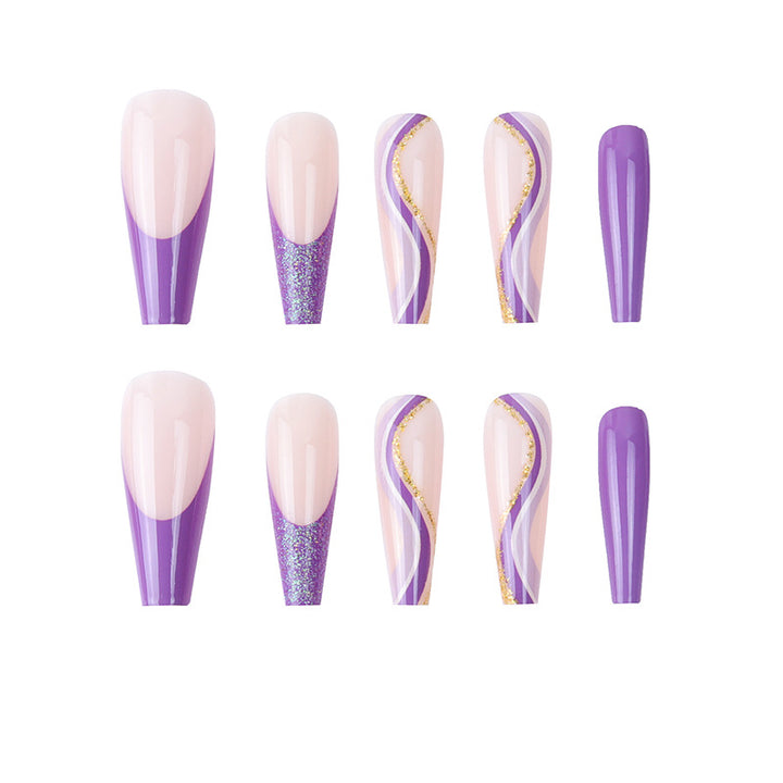 Glamorous French Tip Stiletto Press-On Nails Decorated with Glitter and Gold Accents Bowlift