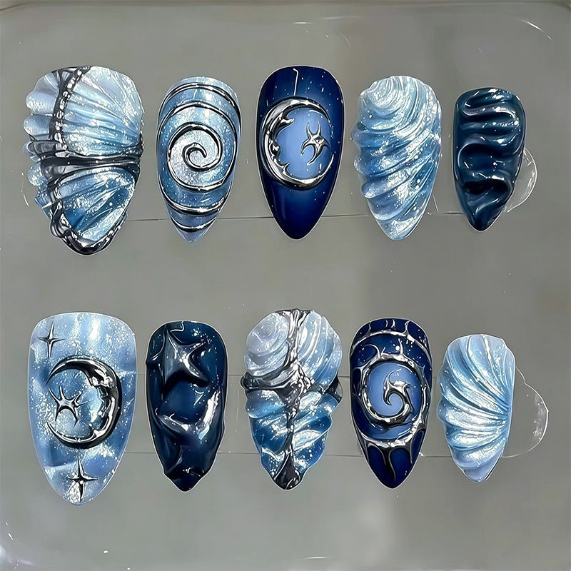 Artificial nail set with galactic design and holographic effects Bowlift