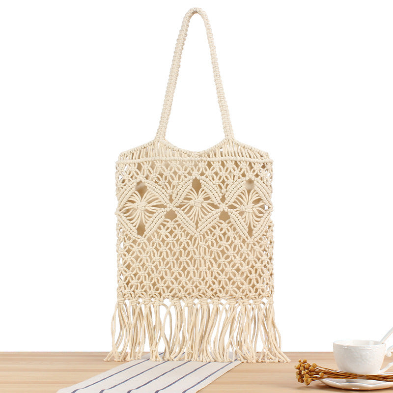 Macrame Tote Bag with Decorative Fringes Bowlift