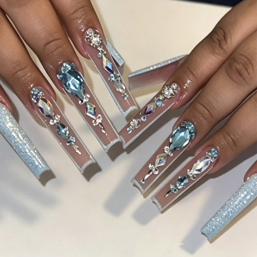 Decorative Long Press-On Nails with Gem Accents Bowlift