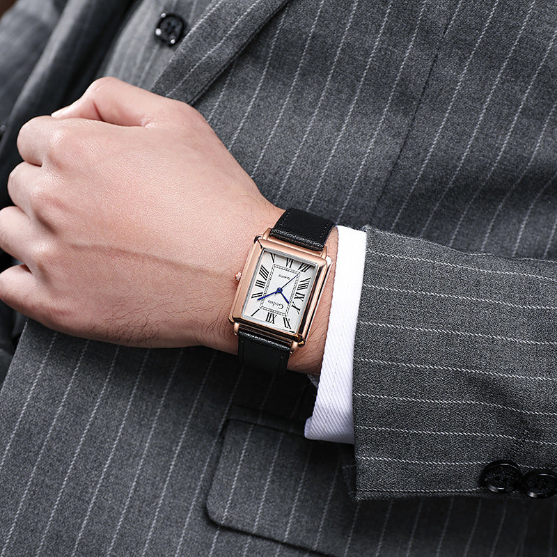 Rectangular Vintage Roman Dial Leather Dress Watch Bowlift