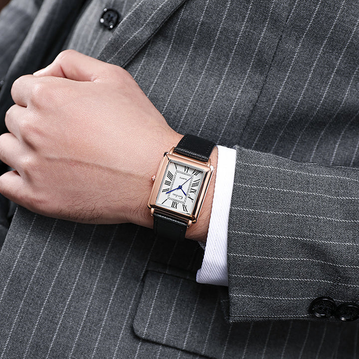 Rectangular Vintage Roman Dial Leather Dress Watch Bowlift