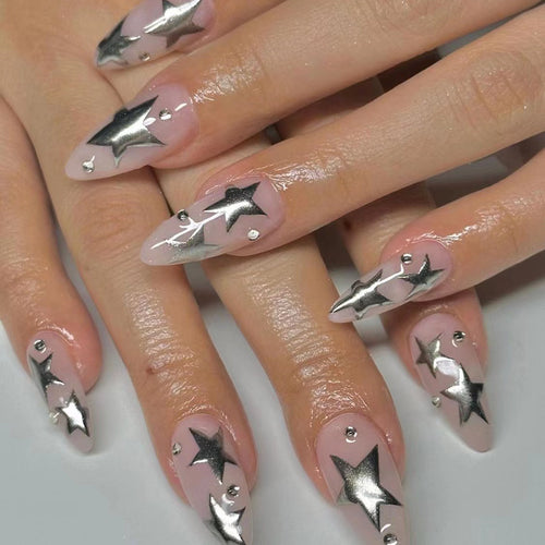 Artistic Nail Extensions with Silver Star Design Bowlift