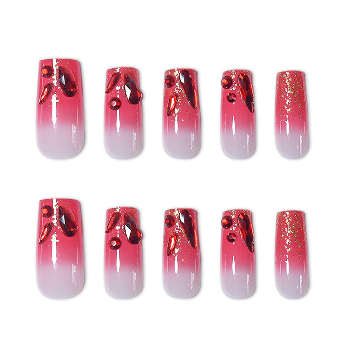 Decorative Acrylic Press-On Nail Set with Gemstone Accents Bowlift