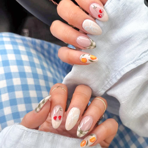 Artistic Press-On Nail Art Design Set with Fruit Accents Bowlift