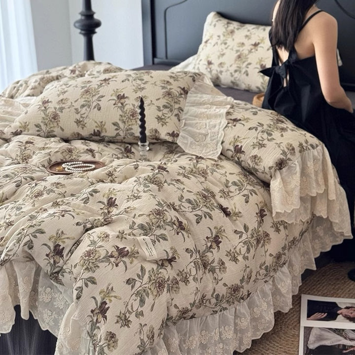 Quilted Floral Comforter Set with Layered Lace Bed Skirt