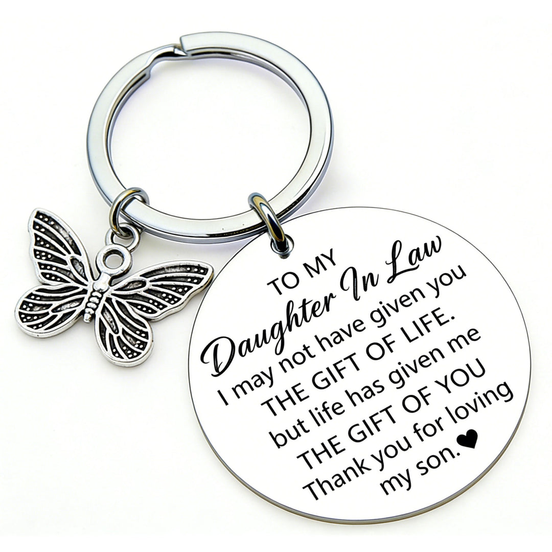 Engraved Round Sentimental Daughter-in-Law Keychain with Butterfly Charm Bowlift
