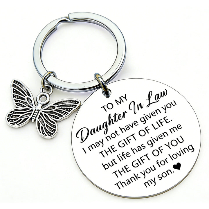 Engraved Round Sentimental Daughter-in-Law Keychain with Butterfly Charm Bowlift