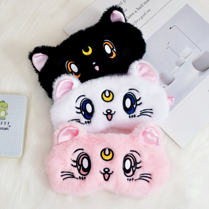 Women's fluffy sleep mask with embroidered cat design and soft comfort ears Bowlift