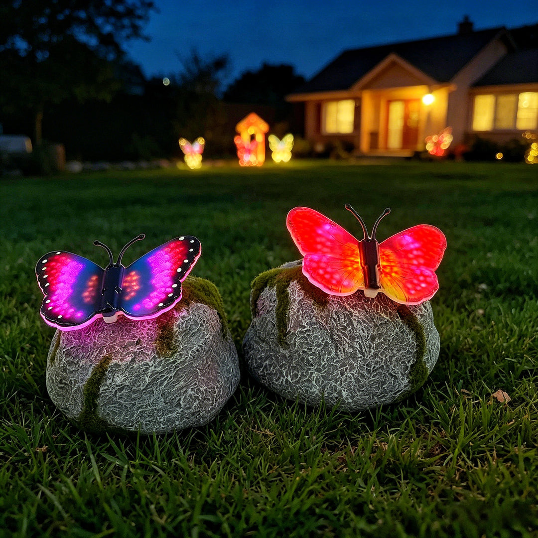 Decorative Solar-Powered Butterfly Perched Stone LED Garden Accent Bowlift