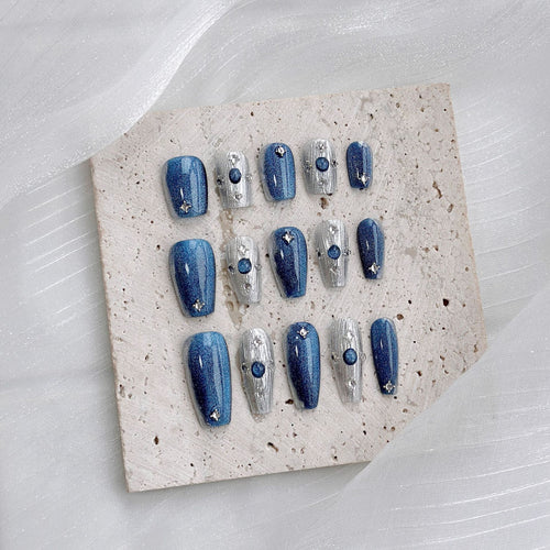 Decorative Press-On Nail Art Set with Glittering Silver Accents