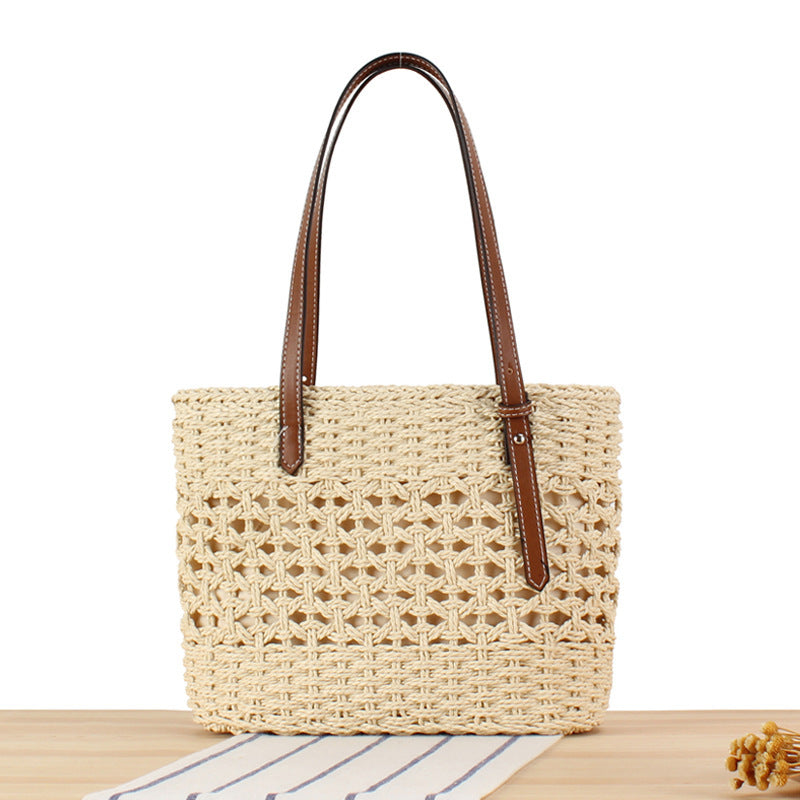 Handbag Made of Handwoven Straw with Elegant Faux Leather Handles Bowlift