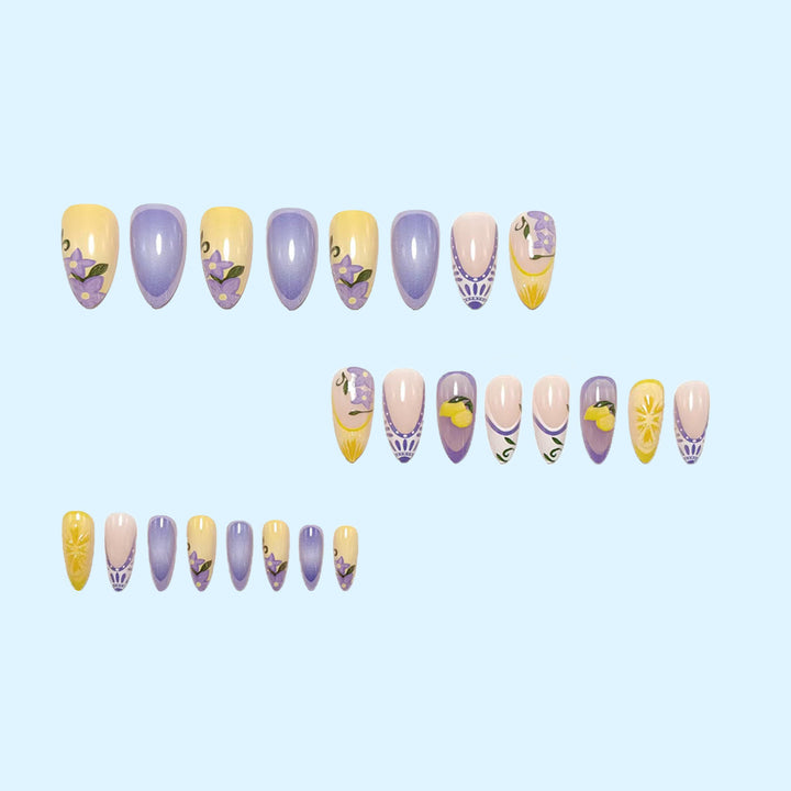 Artificial nails with creative lemon and lilac design Bowlift