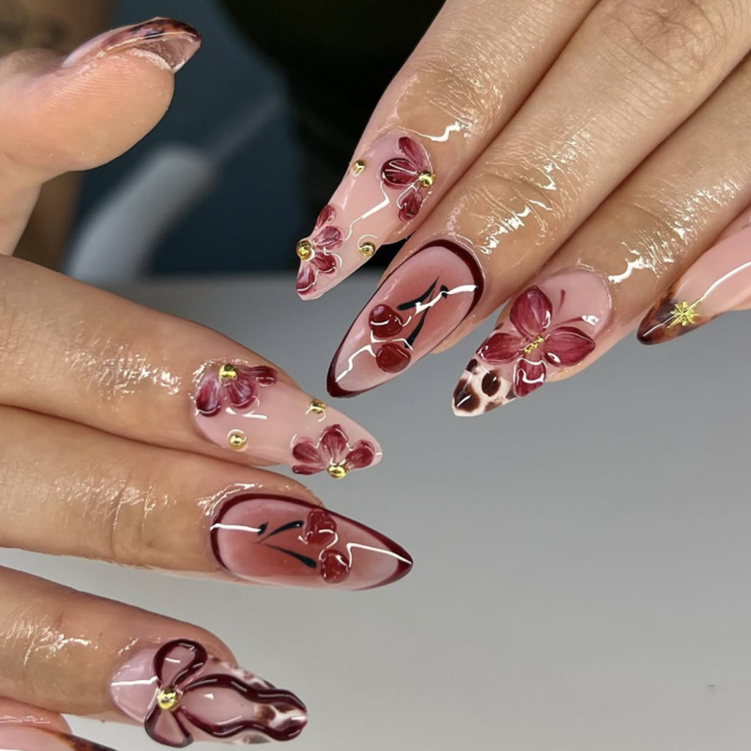 Artful Nail Extensions with Floral Accents Bowlift