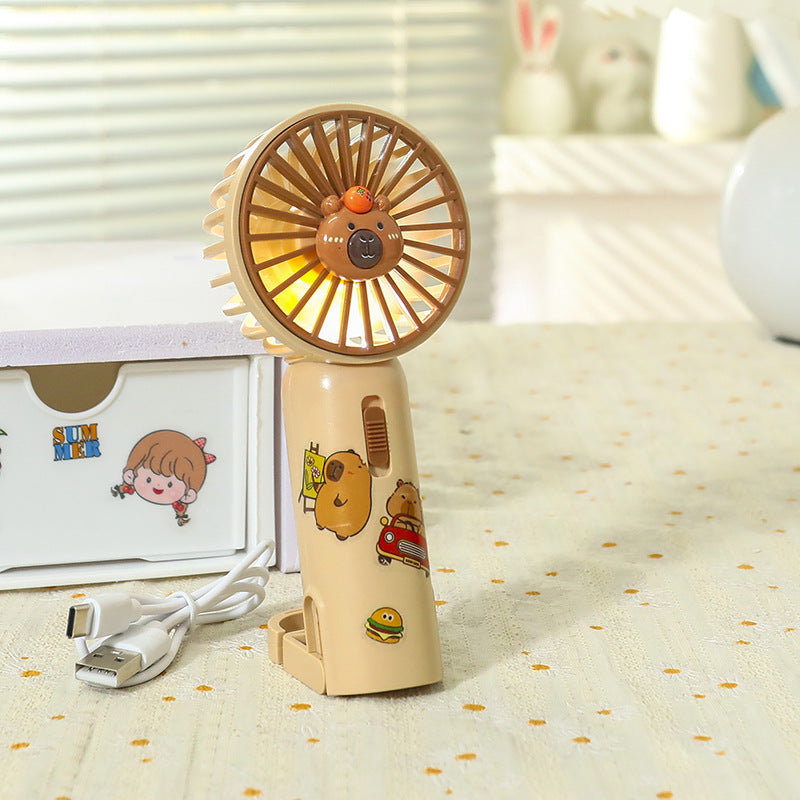 Women Portable Hand Fan with Cute Bear Design and LED Lighting Bowlift