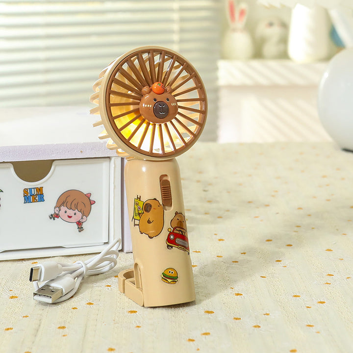 Women Portable Hand Fan with Cute Bear Design and LED Lighting Bowlift