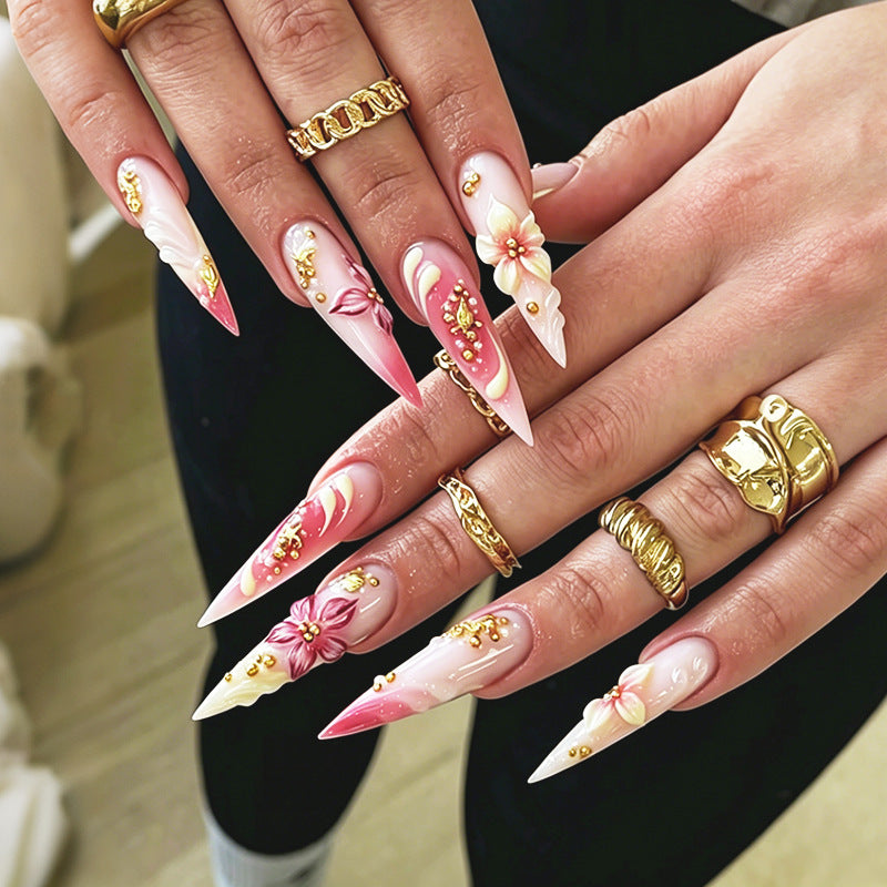 Decorative Stiletto Press-On Nail Art Set with Floral Accents Bowlift