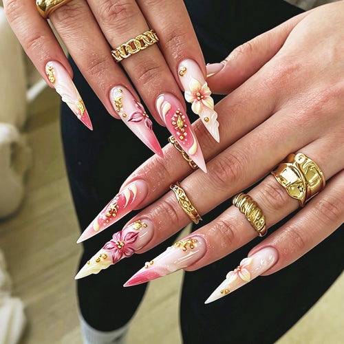 Decorative Stiletto Press-On Nail Art Set with Floral Accents Bowlift