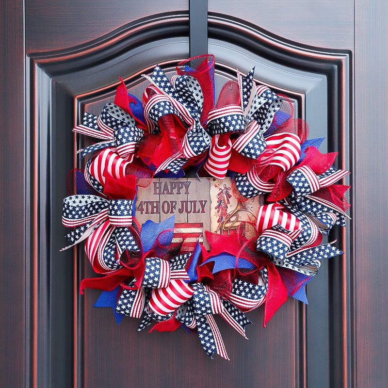 Unisex nan patriotic Americana fabric and wood door wreath with ribbon bows Bowlift