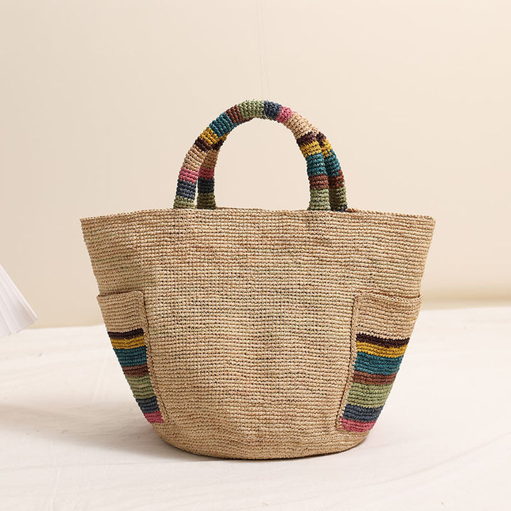 Handcrafted basket bag with colorful stripe accents Bowlift