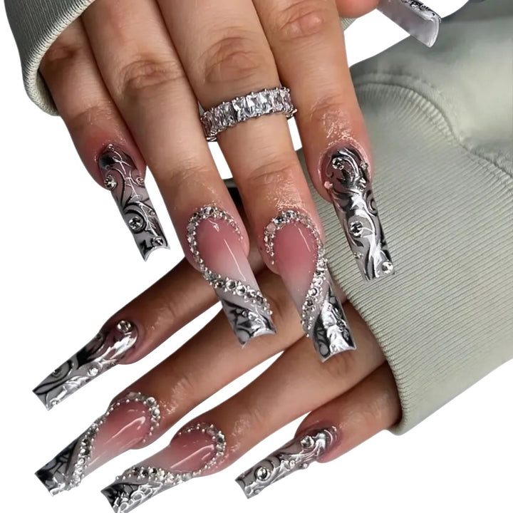Ornate Press-On Nail Extensions with Rhinestone and Metallic Accents Bowlift