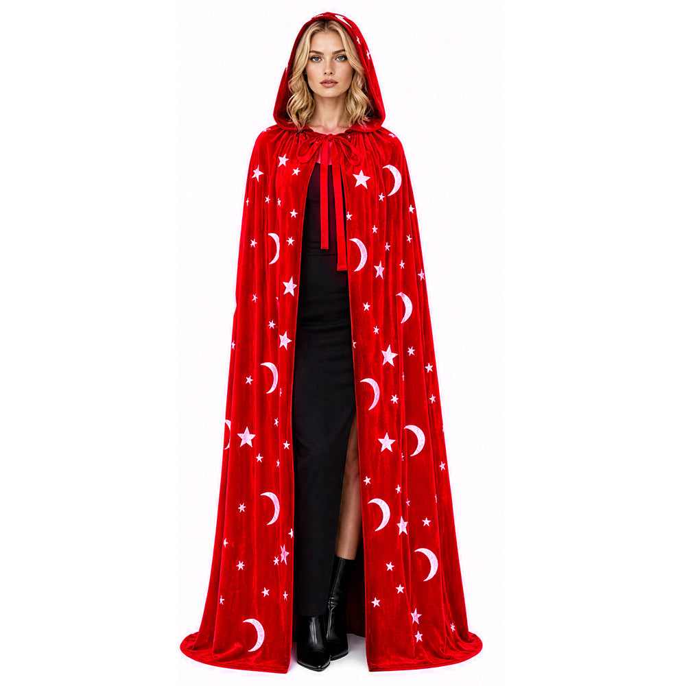 Floor-Length Velvet Hooded Cloak with Celestial Moon and Star Appliqué Bowlift